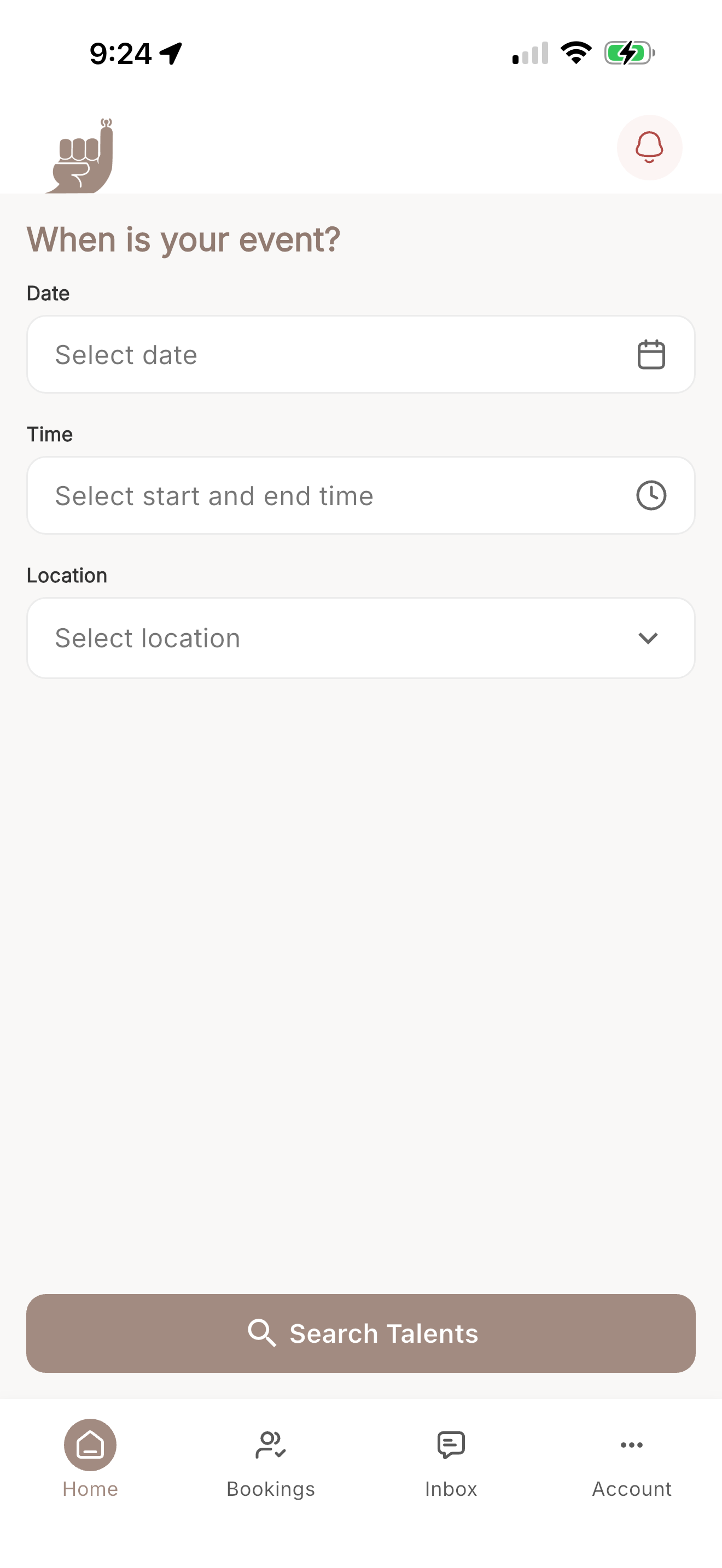 Gala app: when is your event? screen with date, time, and location fields