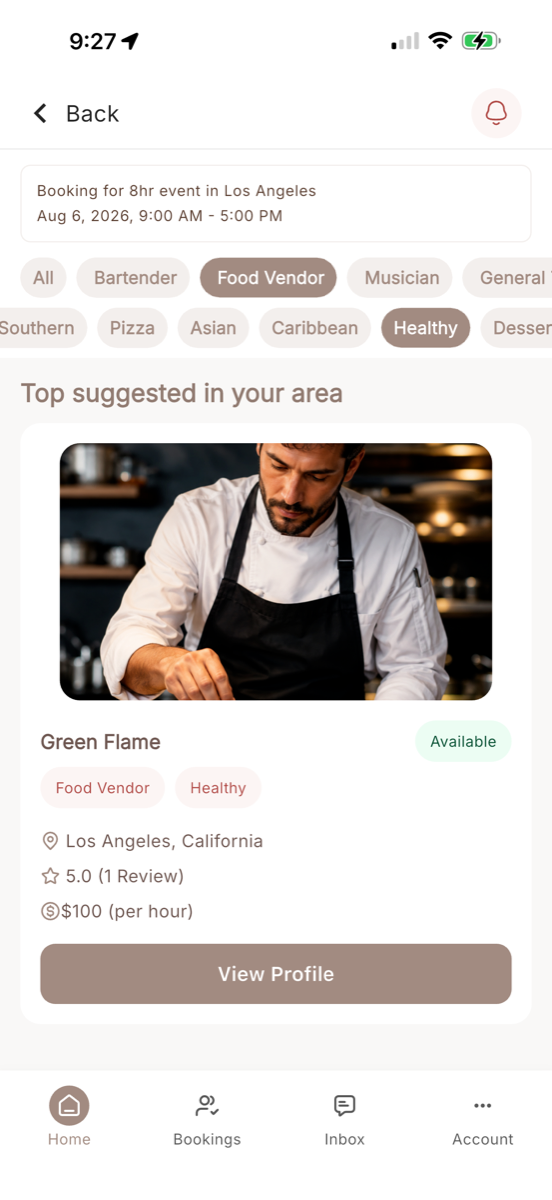Gala app: food vendor listing for Green Flame in Los Angeles