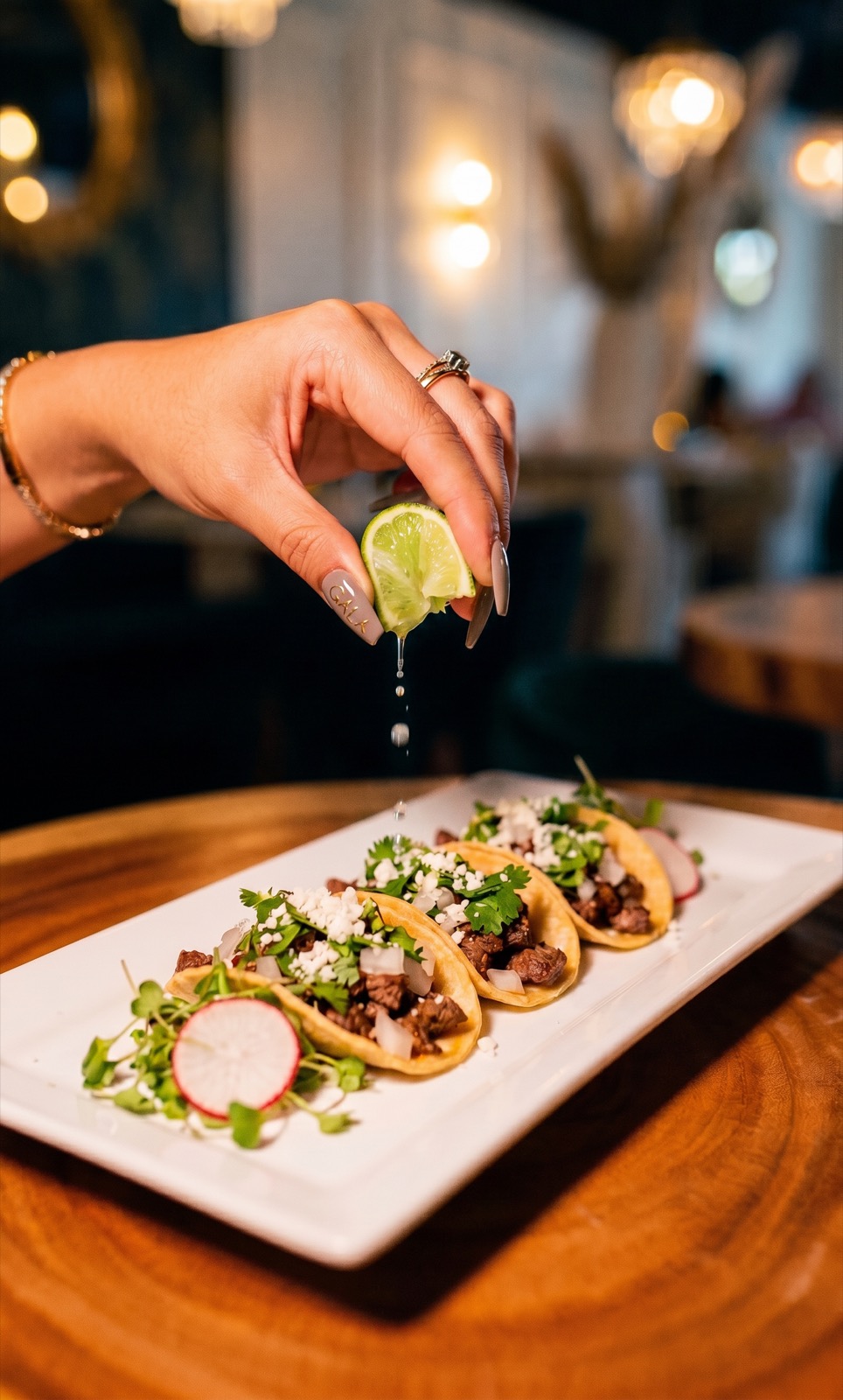 Chef plating tacos with a lime garnish